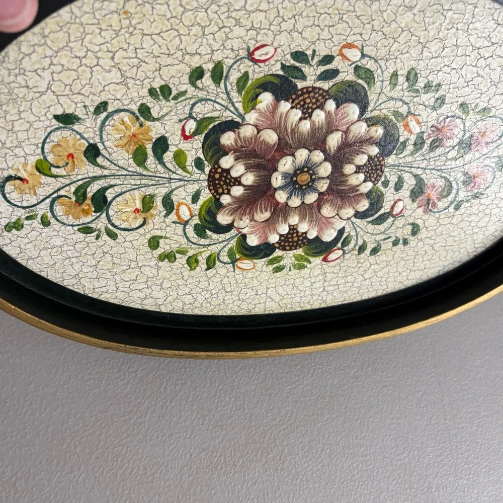 Vintage Floral Hand Painted Nesting Trays Set of 3 Oval Black Gold Crackle Folk